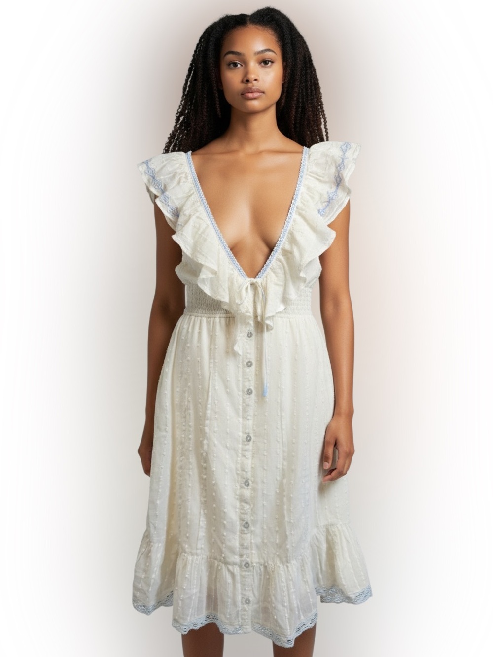 American Eagle Outfitters Cream Ruffle V‑Neck Midi Dress